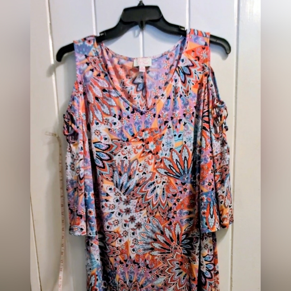 Ivy Road 2X Floral NWOT Multicolor Women's Dress Cold Shoulder w/ Bell Sleeves - Picture 7 of 9